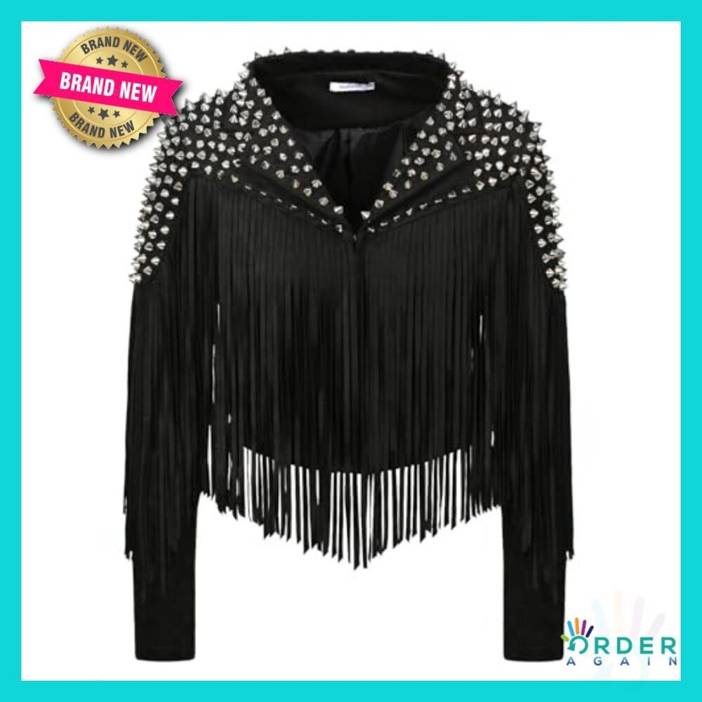 Faux Suede Leather Motorcycle Jacket Punk Rock Fringe Spike Rivet Slim Fit - Picture 3 of 6